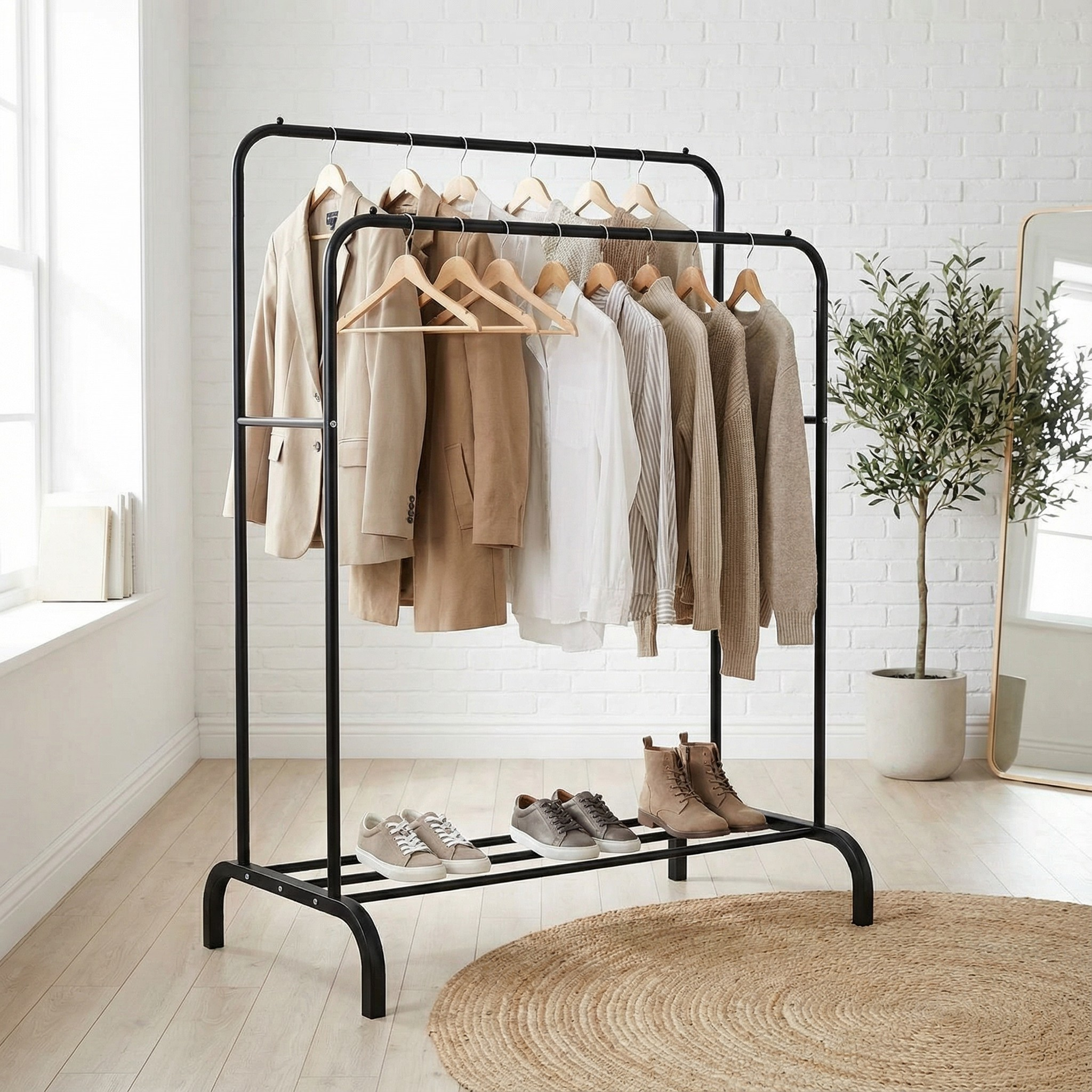 Двойная стойка-вешалка для одежды и обуви из стальной трубы PP Loft Rack с полкой с 2 перекладинами 145х110х55 см Черный (TW608)