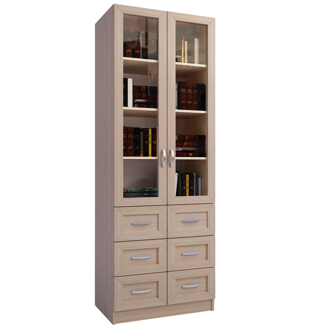 Шкаф книжный со стеклом 2-дверный комбинированный 6 ящиками 2100x800x320 мм Дуб молочный (2316625)