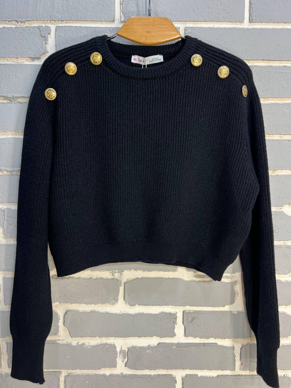 Свитер женский MIX RAY 6733 золотые пуговицы на плечах укороченный свободный OS Черный (1211) - фото 6