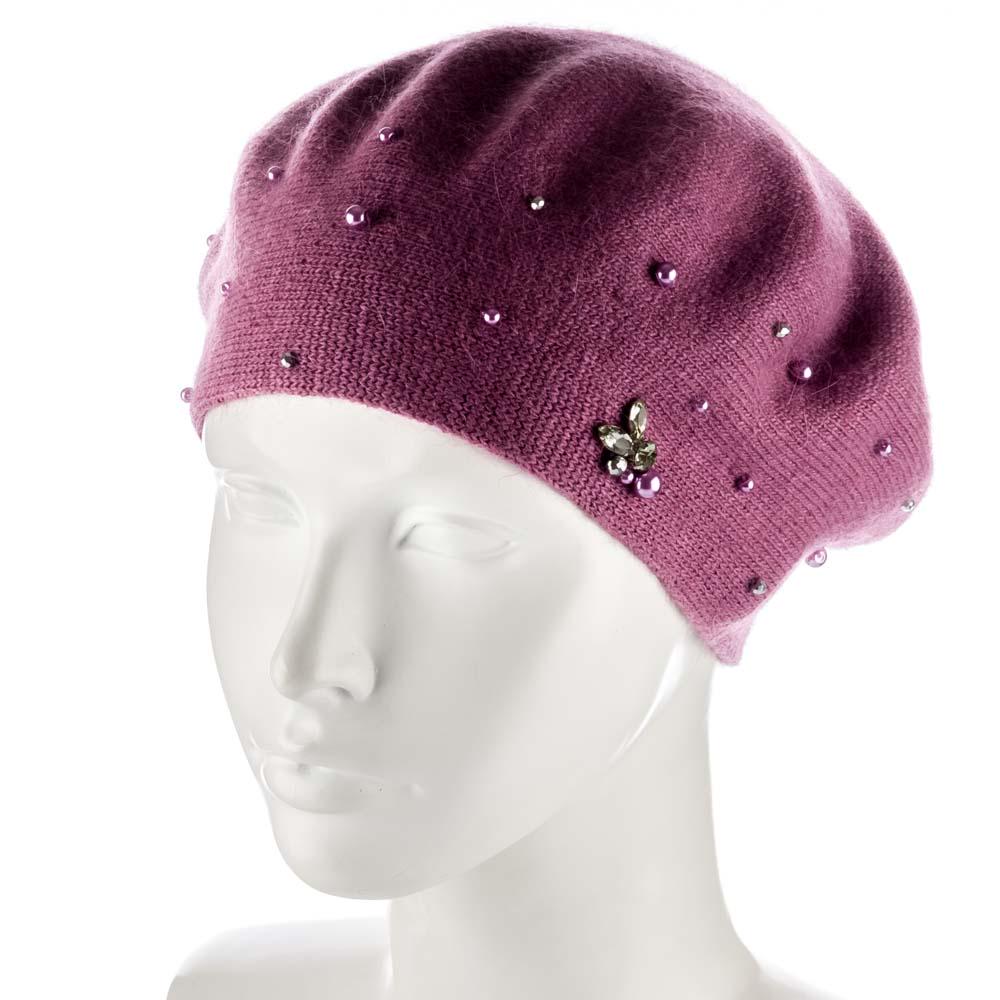 Берет ангоровый Actrics WH767 двойной с бусинами L р. 57-58 Брусничный