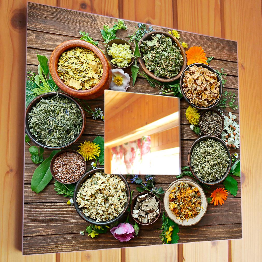 Зеркало декоративное Травы и специи на деревянном фоне 260х260 мм (M03776)