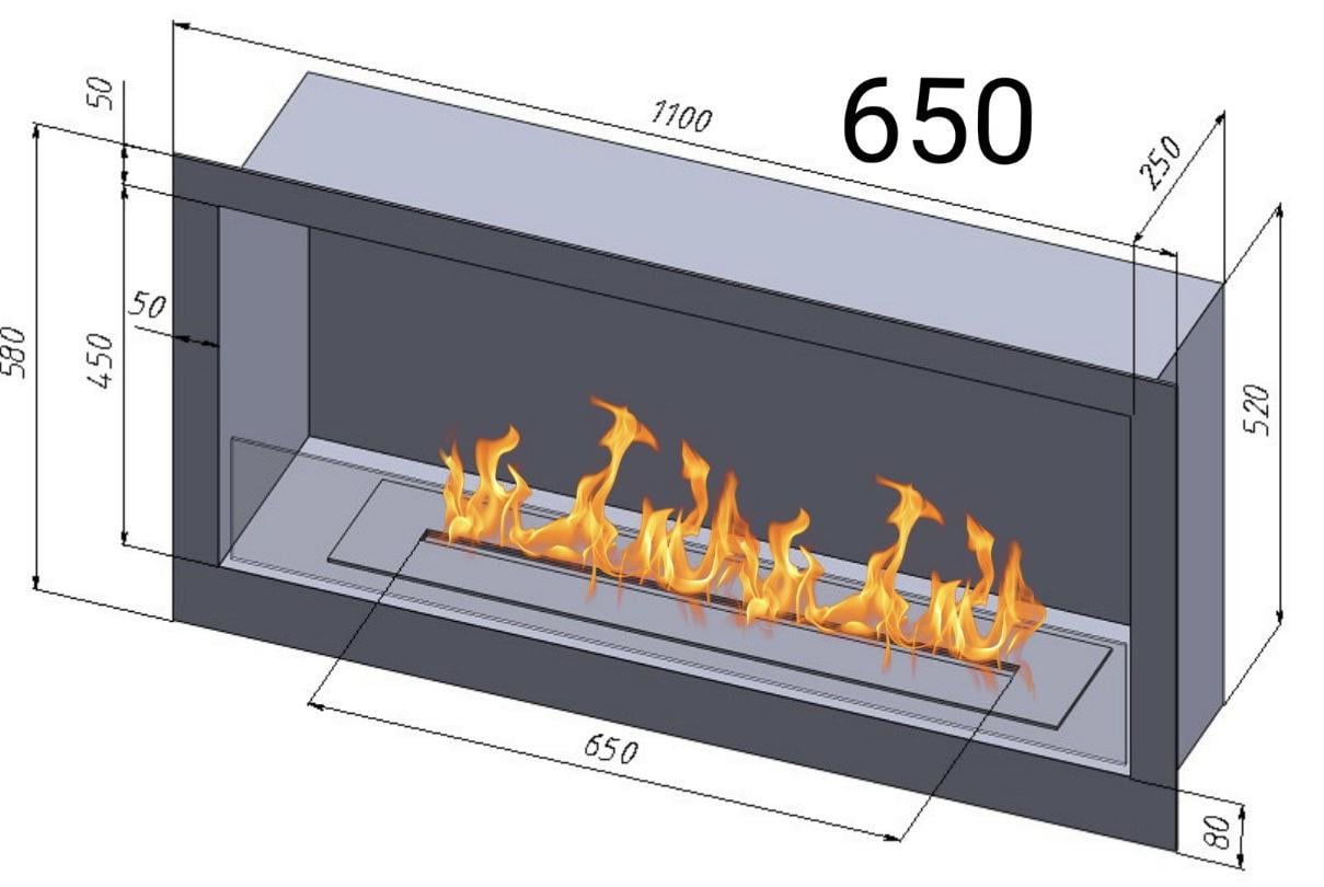 Біокамін вбудований класичний з пальником та захисним склом лінія вогню 650 мм довжина корпусу 1100 мм Чорний (11404431) - фото 5