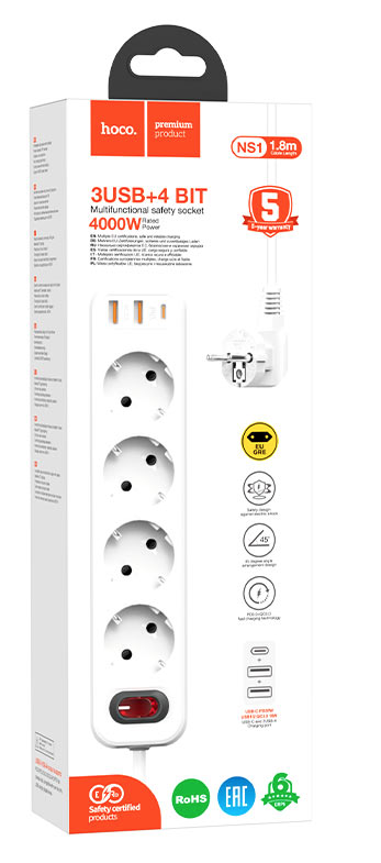 Подовжувач Hoco NS1 Aura 4-bit PD 20W 2xUSB+Type-C White (69974) - фото 4