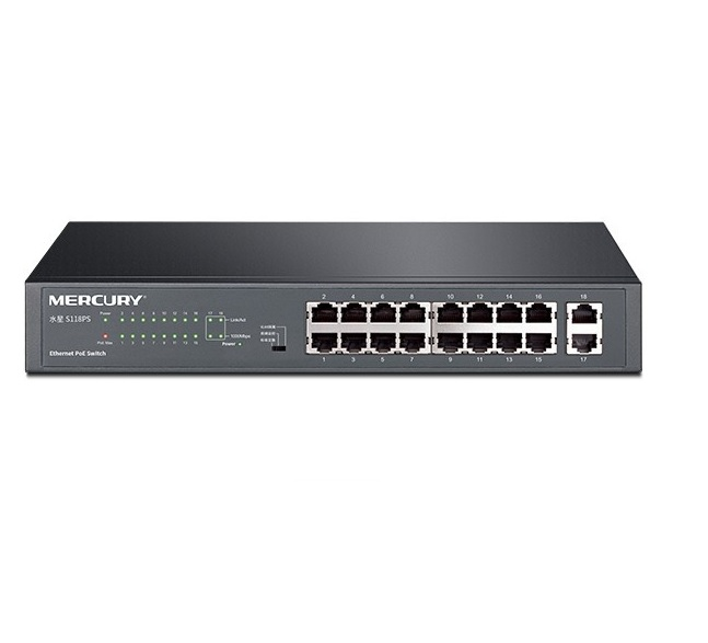 Комутатор мережевий Mercury SG118PS 16 PoE-портів 100 Мбіт/с 2 Uplink 1000 Мбіт/с БП (YUT_V4596)