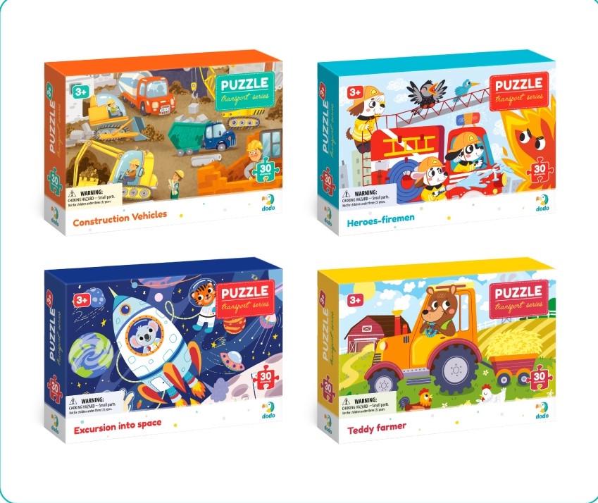 Комплект пазлів Dodo серії Транспорт 30 ел. Трактор/Ракета/Пожежний/Будівельний 4 шт. (2884417981)