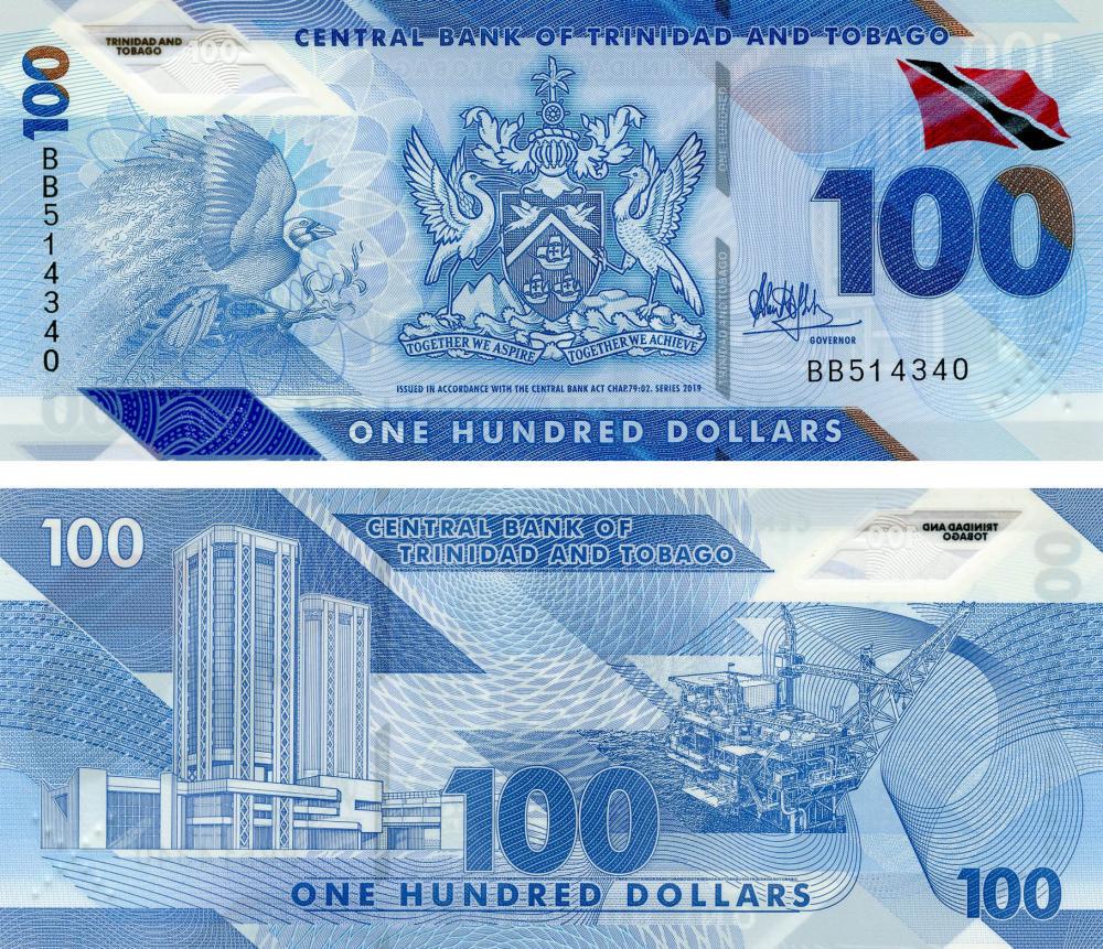 Коллекционная банкнота Тринидад и Тобаго 100 долларов 2019 Полимер UNC Птица PW65 (Б13389)