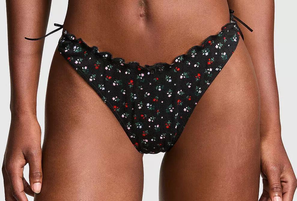 Трусики Victoria’s Secret Pink Side Tie Ruffled Cotton Thong Panty Black S Черный (26860579)