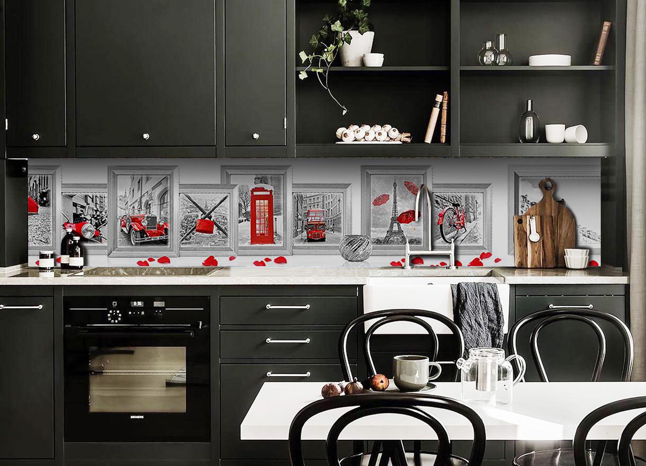 Кухонный фартук Символы Европы Лондон Париж коллаж из самоклеющейся виниловой пленки 60х300 см Серый