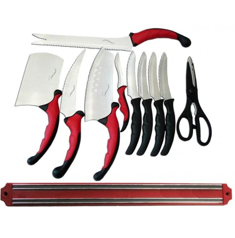 Набір кухонних ножів Contour Pro UNI Knives з нержавіючої сталі/пластику на магнітній рейці 11 пр. Червоний
