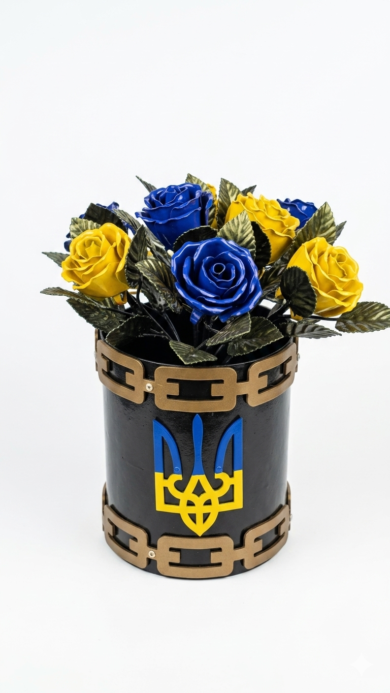 Кованые розы в вазе-тубусе Герб 8 шт. 45 см Желто-голубой (ВТ04)