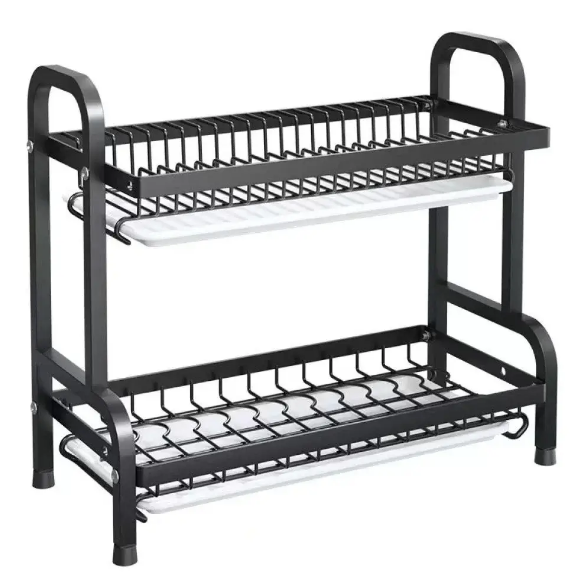 Сушилка для посуды двухярусная из нержавеющей стали Черный (ma485)