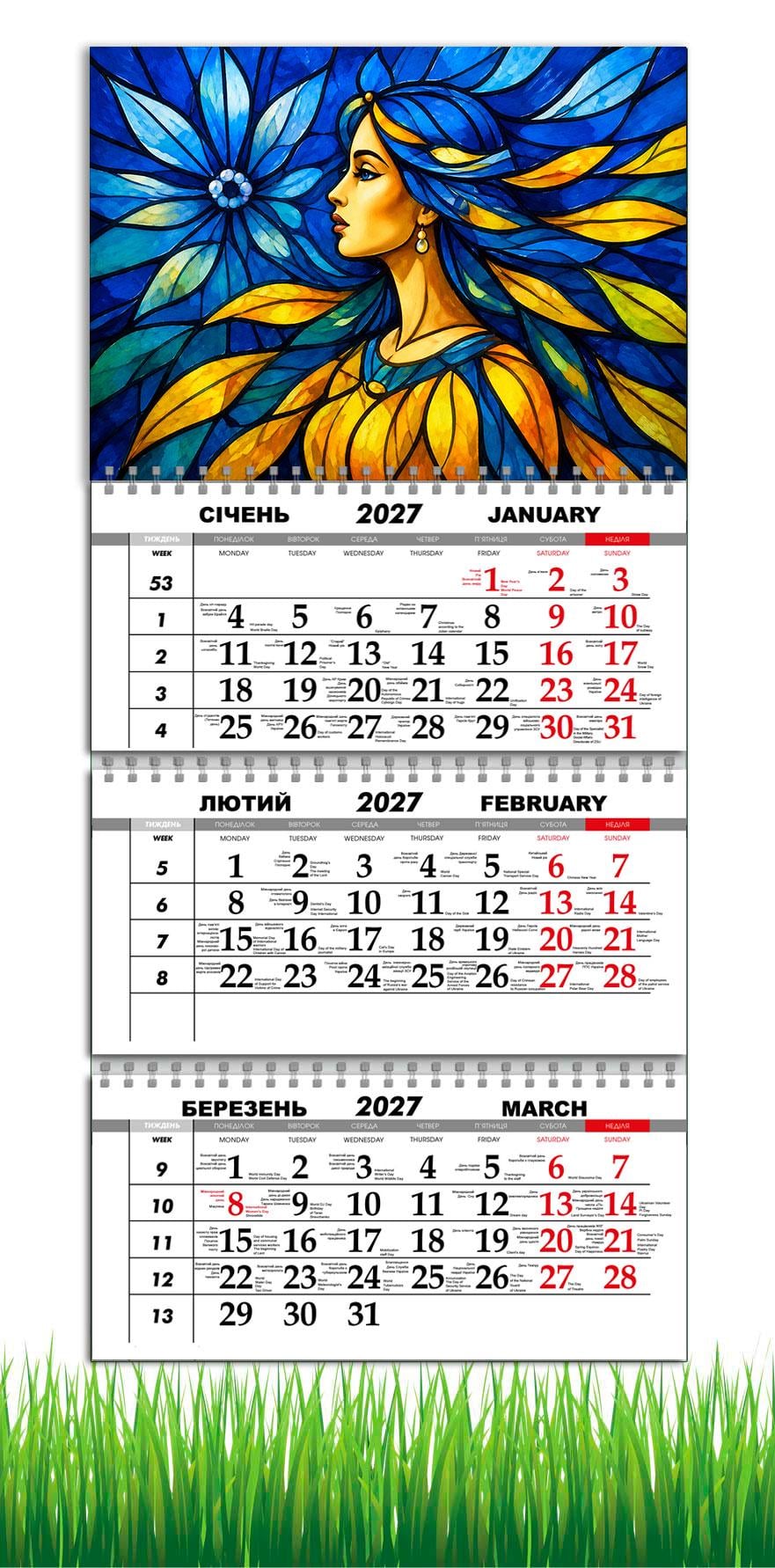 Календарь настенный квартальный на 2027 год. APRIORI Девушка/Витраж 30х61 см (38312137)