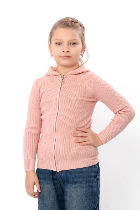 Кофта для дівчинки в рубчик на блискавці з капюшоном Носи Своє 150 см Пудровий (18212)
