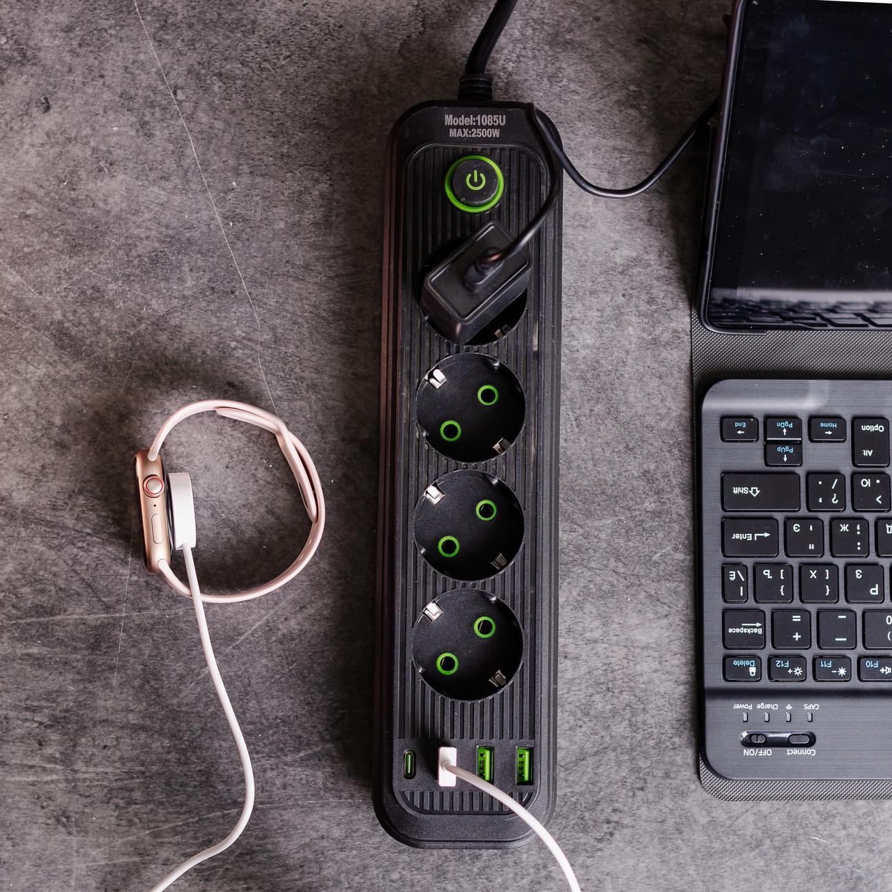 Фільтр мережевий HP-5-13MF 2,8 м на 4 розетки з 3 USB 1 Type-C та кнопкою відключення (A-034374) - фото 2