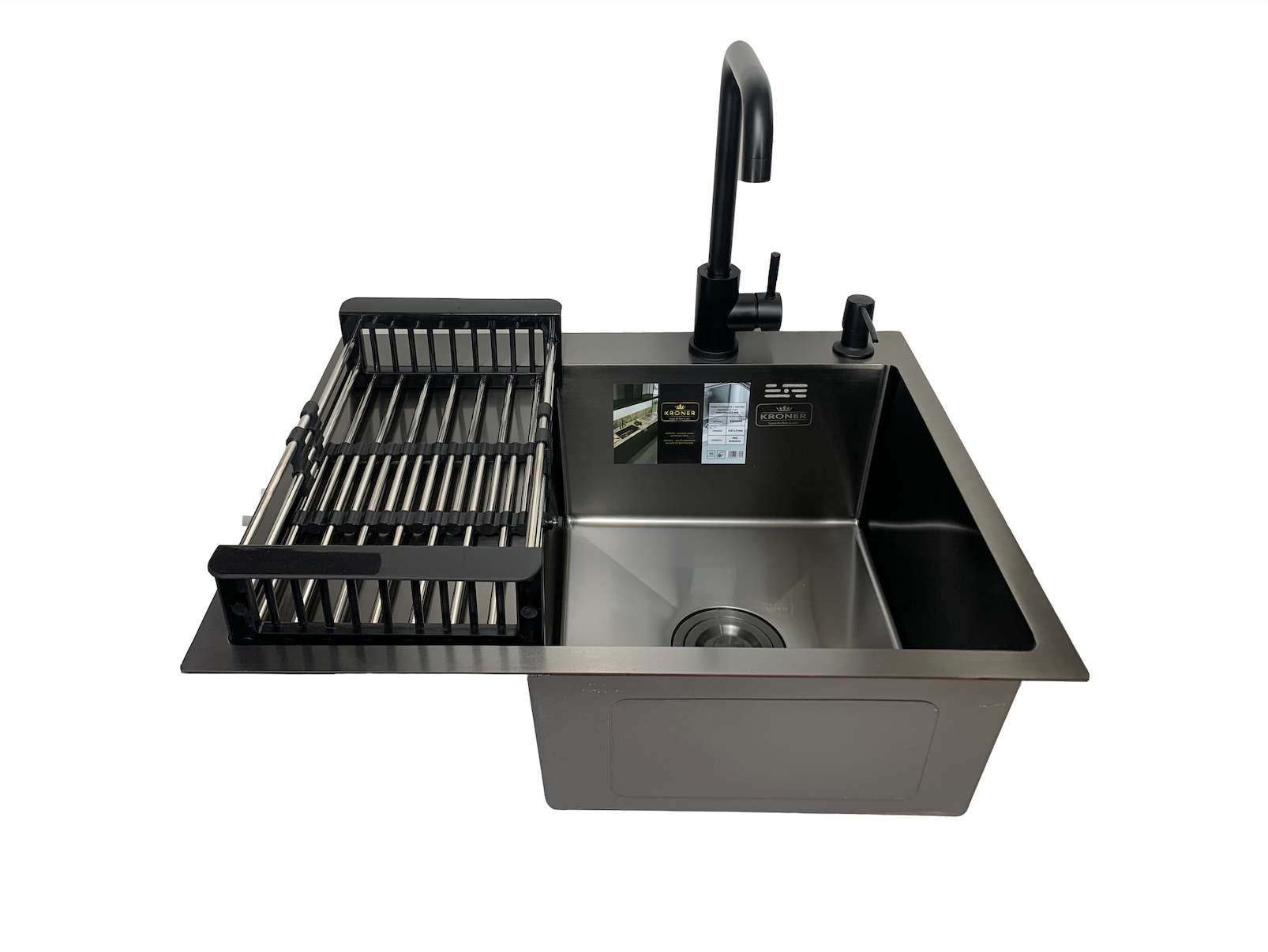 Мийка кухонна Kroner 63x50 см чаша справа в чорному PVD + змішувач/кошик/дозатор