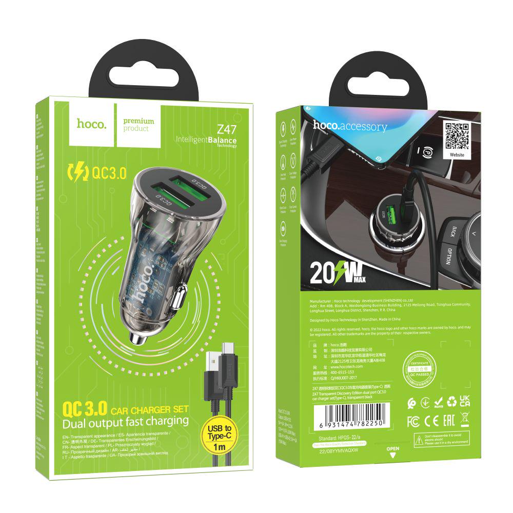 Зарядний пристрій автомобільний Hoco Z47 Transparent QC3.0 18W Type C Black (28111364) - фото 2 Зарядний пристрій автомобільний Hoco Z47 Transparent QC3.0 18W Type C Black (28111364) - фото 2