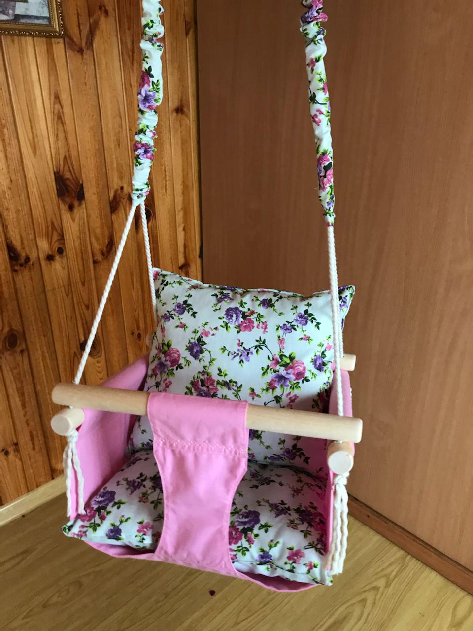 Детские качели подвесные из хлопка Стандарт с цветочками Розовый (gs-8399)