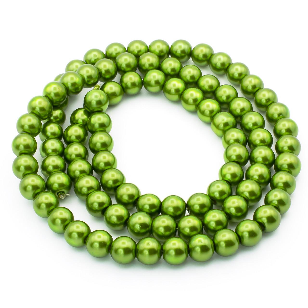 Бусины стеклянные на нитке под жемчуг 10 мм 80 см 90 шт. Салатовый темный (БЖ0010к48)