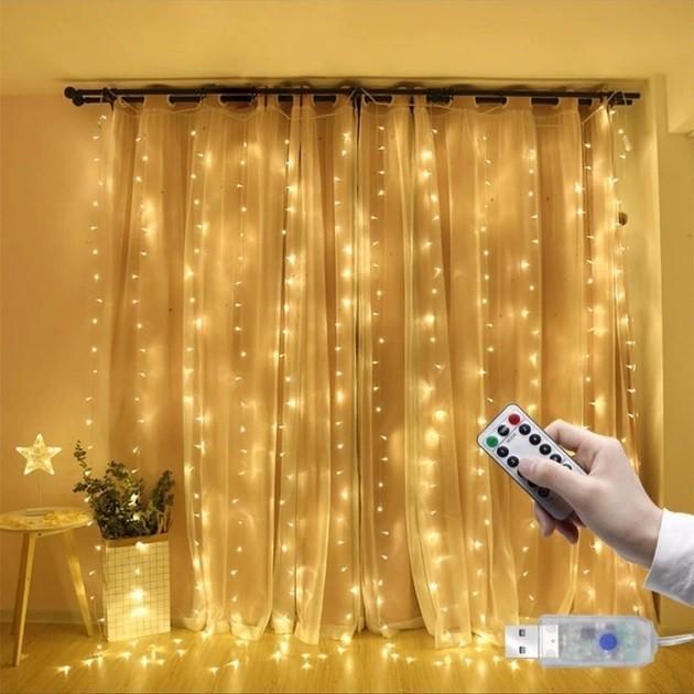 Гирлянда-штора Капля росы новогодняя c пультом от USB 300 LED 3х3 м Теплый белый