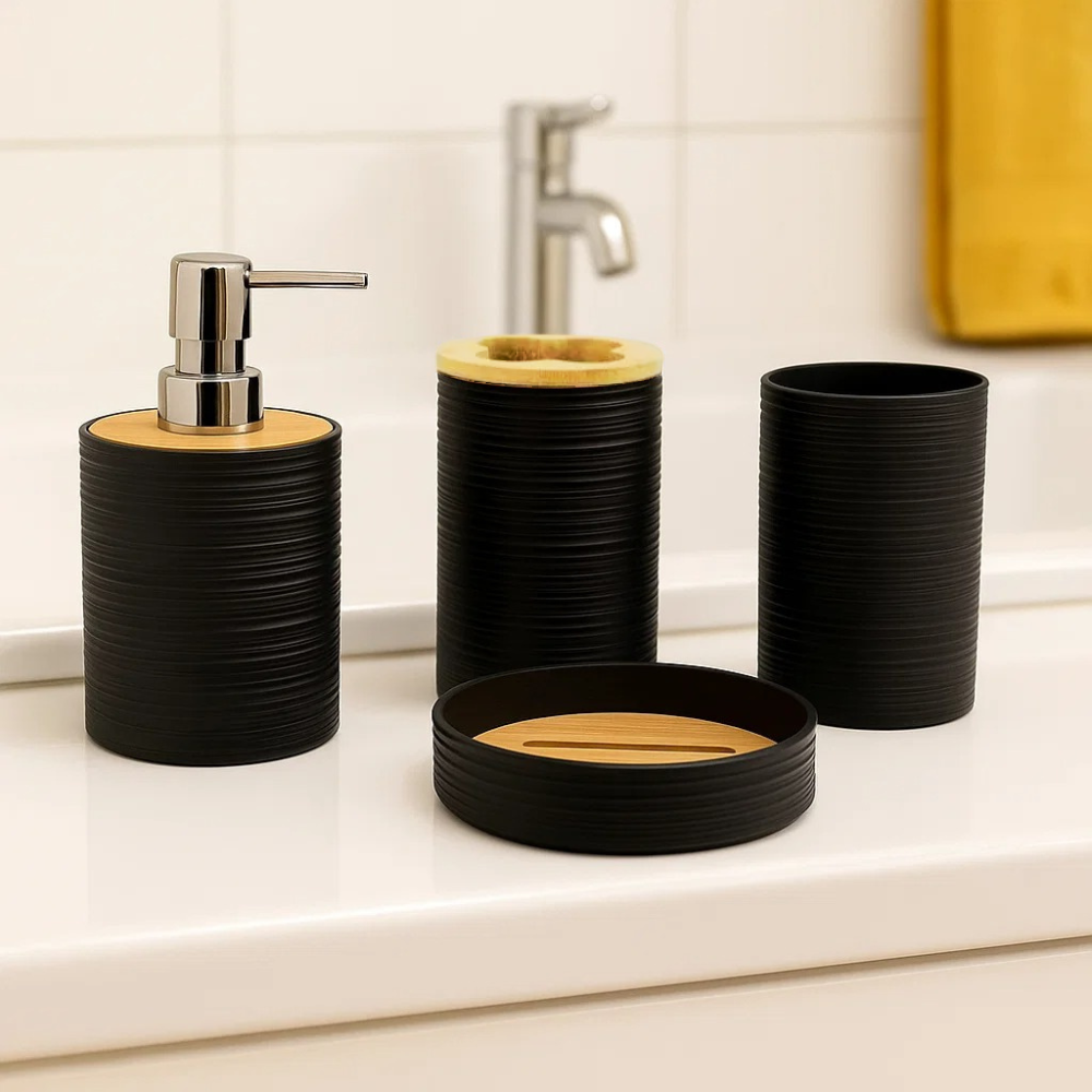 Набор аксессуаров для ванной комнаты и душа 4в1 дозатор для мыла мыльница и стаканы пластиковый Черный