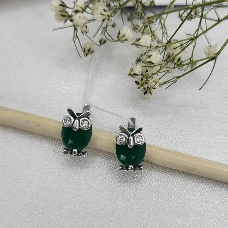 Серьги из серебра Совы с зелеными камнями 3,45 г