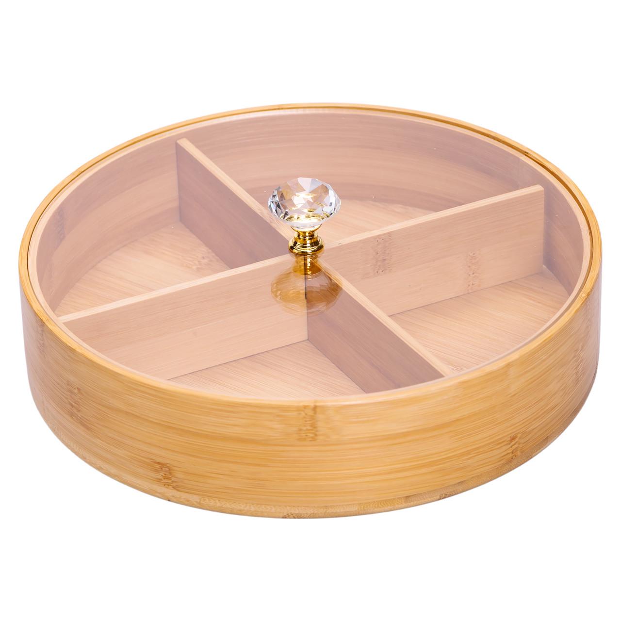 Менажниця дерев'яна на 4 секції з кришкою для закусок Ø 25 см кругла (HB-40-3) - фото 2 Менажниця дерев'яна на 4 секції з кришкою для закусок Ø 25 см кругла (HB-40-3) - фото 2