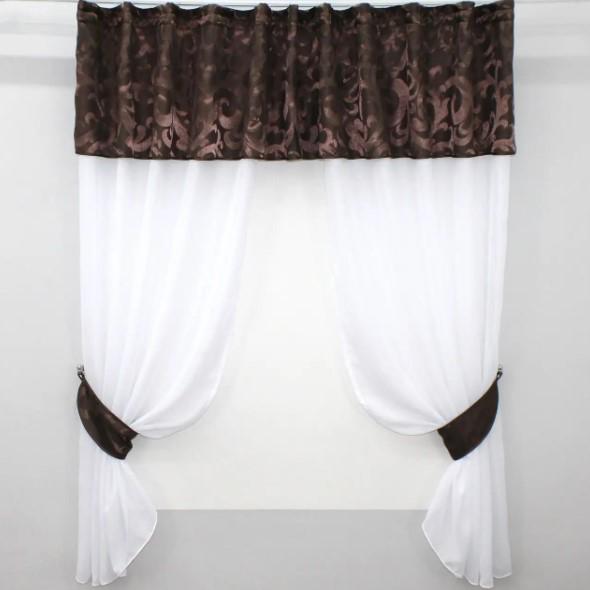 Шторки на кухню с ламбрекеном 270х170 см Белый/Коричневый (084к) Шторки на кухню с ламбрекеном 270х170 см Белый/Коричневый (084к)