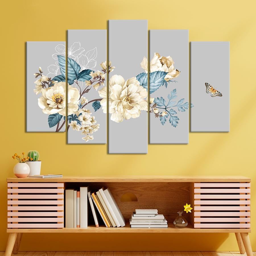 Картина на полотні Білі квіти з метеликом на сірому тлі 137x85 см (V384-5_L)