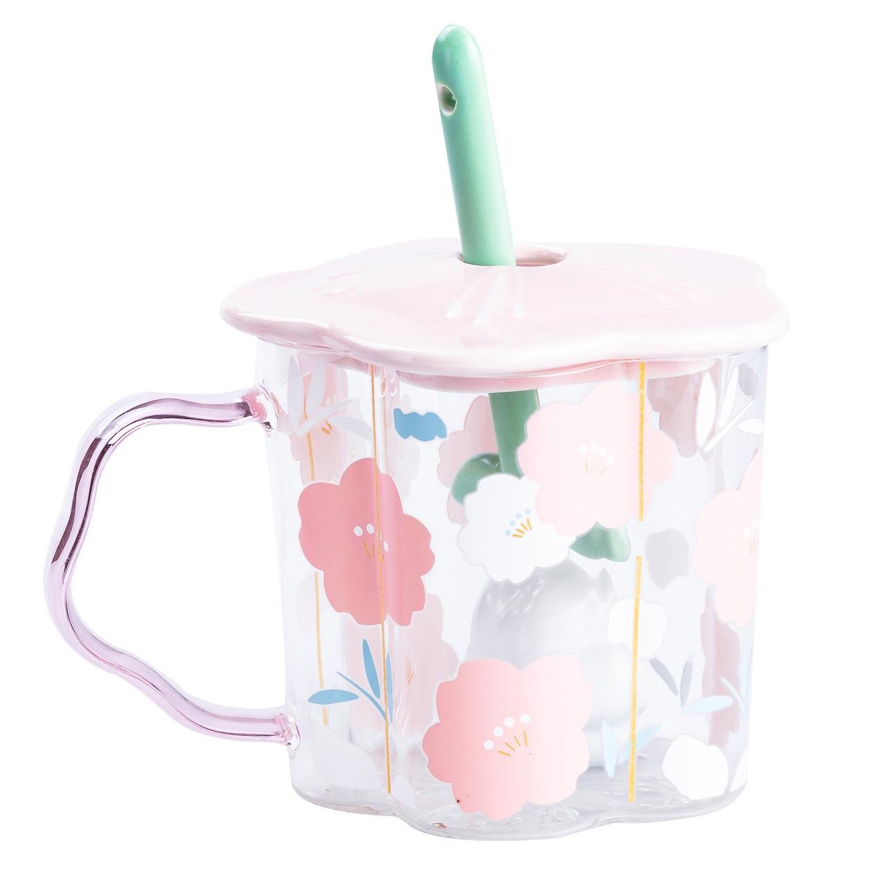 Чашка стеклянная с ложкой и крышкой 500 мл Розовый (HP7213P) - фото 2