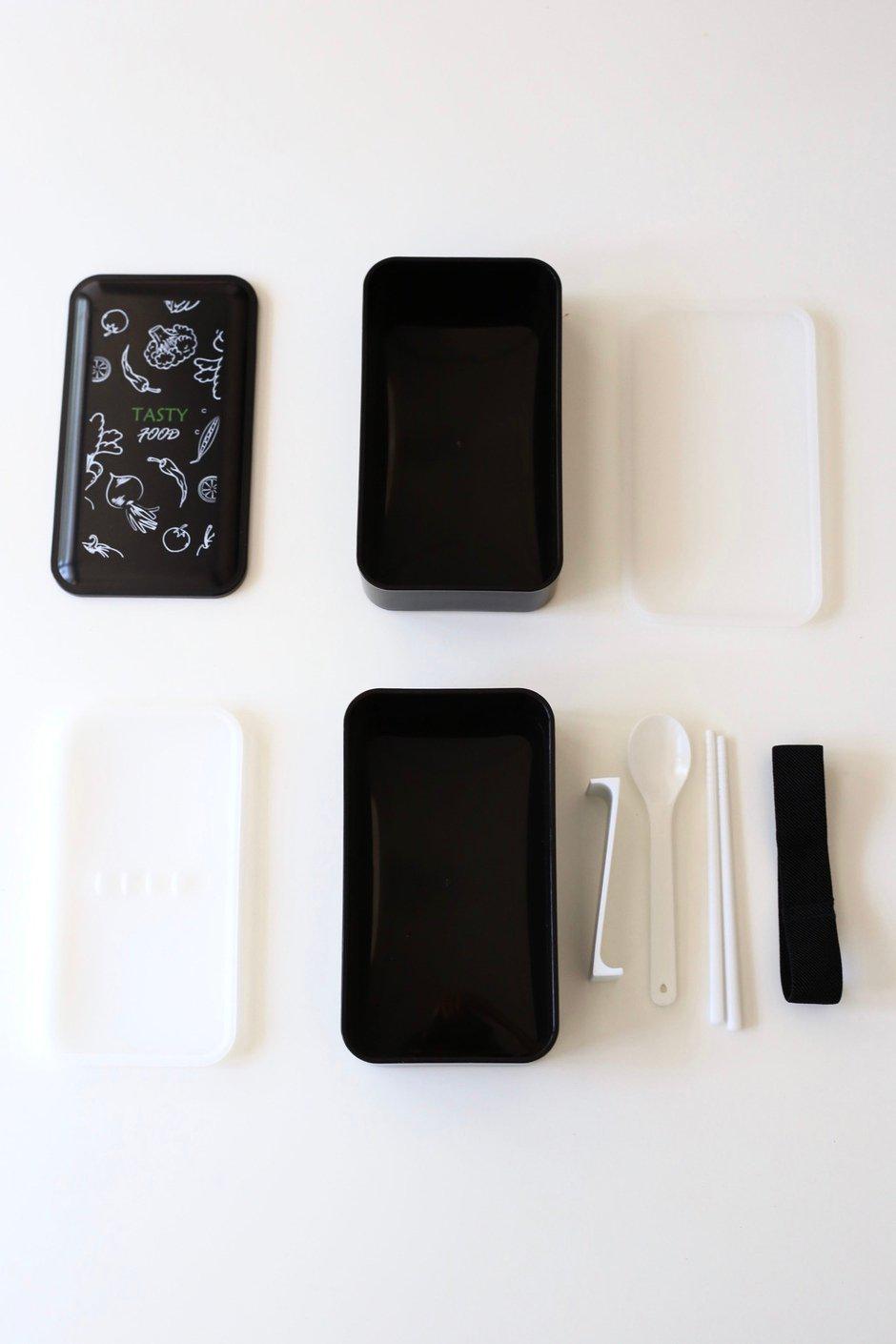 Ланч-бокс tasty food двойной с ложкой и палочками 1200 мл Черный (00000010043) - фото 6