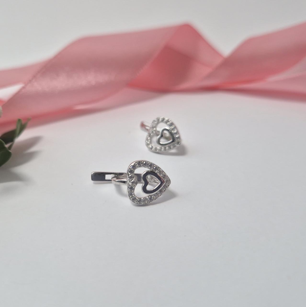 Сережки серце в білих каменях срібло 925 проби родоване 2,70 г (5212р) - фото 5