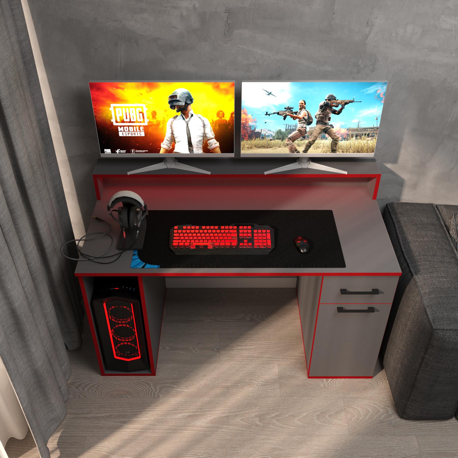 Компьютерный стол Mebellini Комбо MODERN 1250х710/860х600 мм Анрацит с красной кромкой (арт.SKEP1000-081) - фото 3 Компьютерный стол Mebellini Комбо MODERN 1250х710/860х600 мм Анрацит с красной кромкой (арт.SKEP1000-081) - фото 3