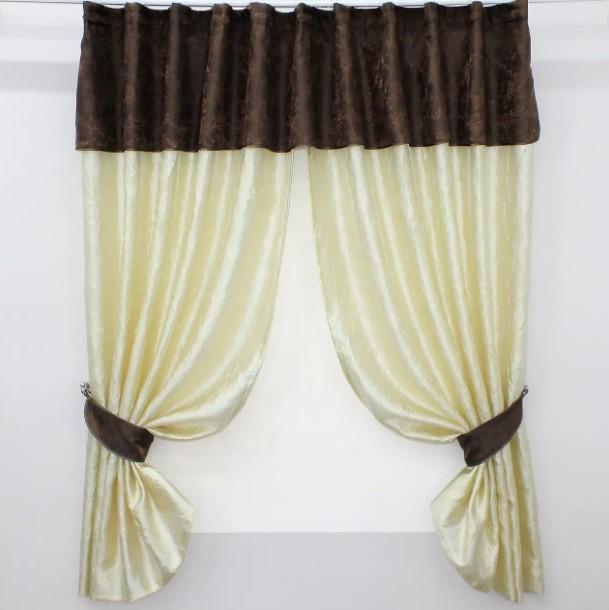 Комплект штор на кухню/балкон с ламбрекеном 270х170 см Светло-золотистый/Коричневый (073к) Комплект штор на кухню/балкон с ламбрекеном 270х170 см Светло-золотистый/Коричневый (073к)