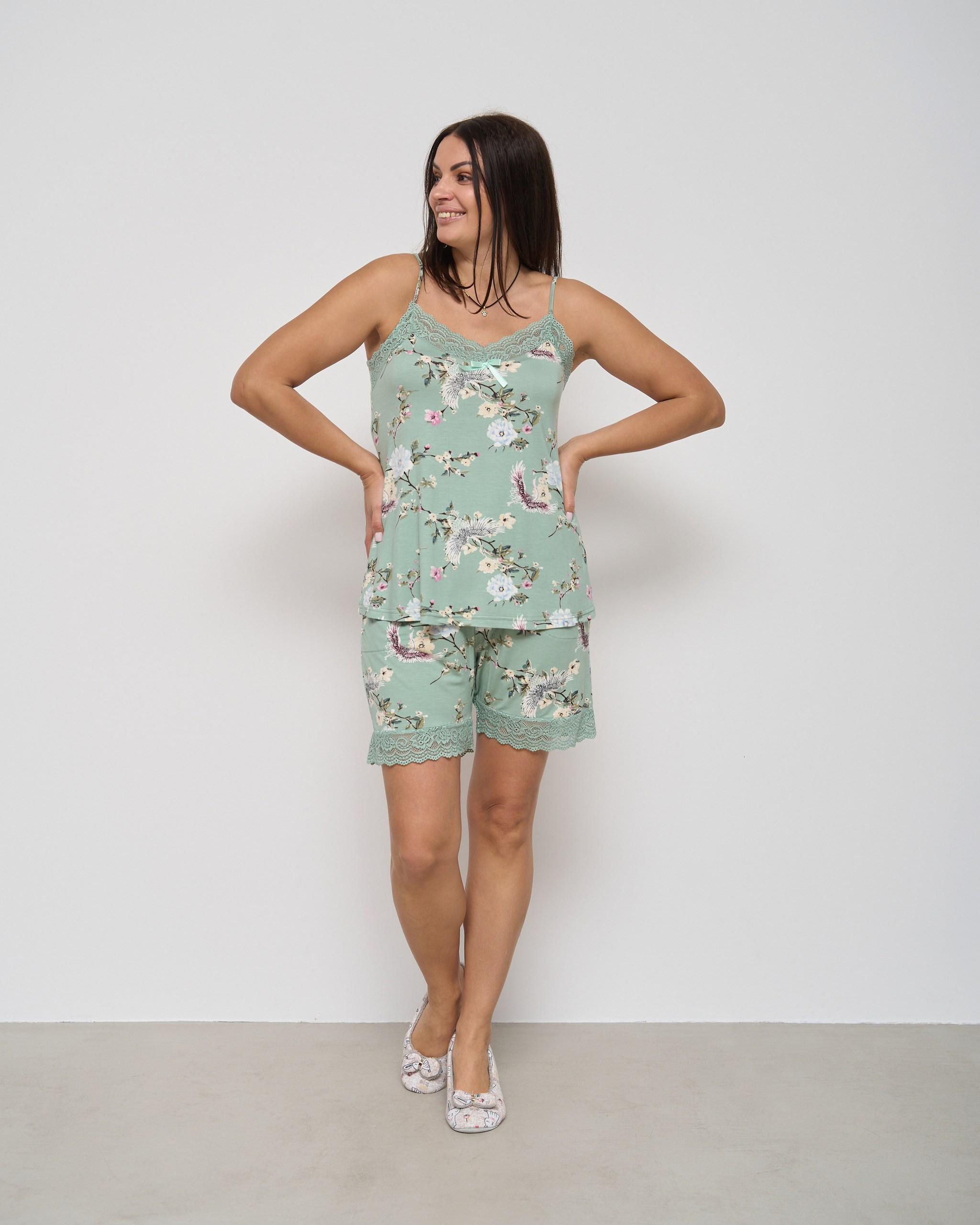 Пижама батал вискоза майка и шорты Цветочный принт 5XL Светлый хаки (39029)