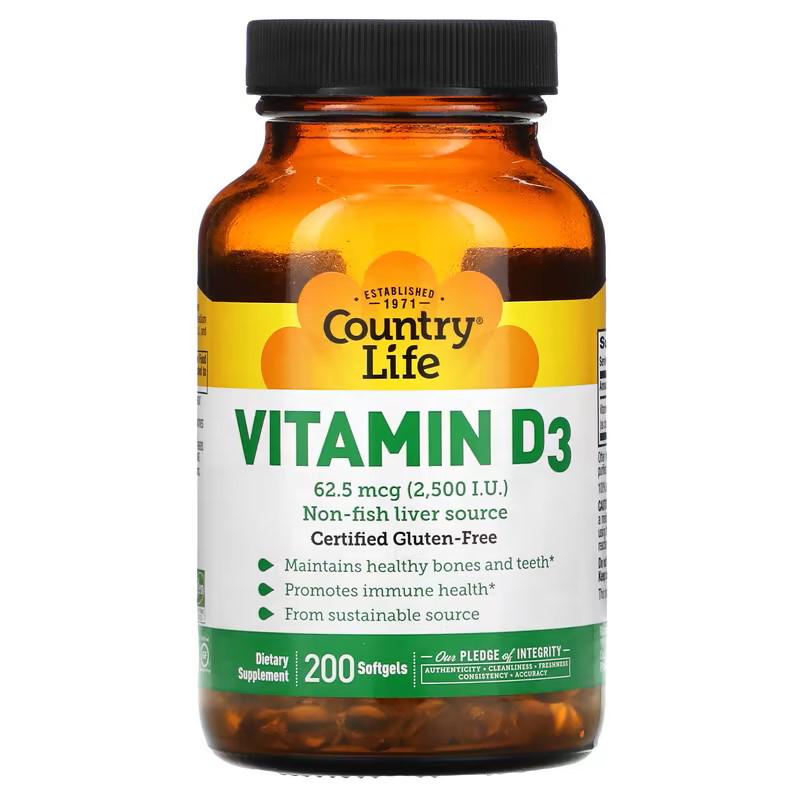 Витамин D3 Country Life Vitamin D3 62,5 мкг 2500 МЕ 200 Softgels