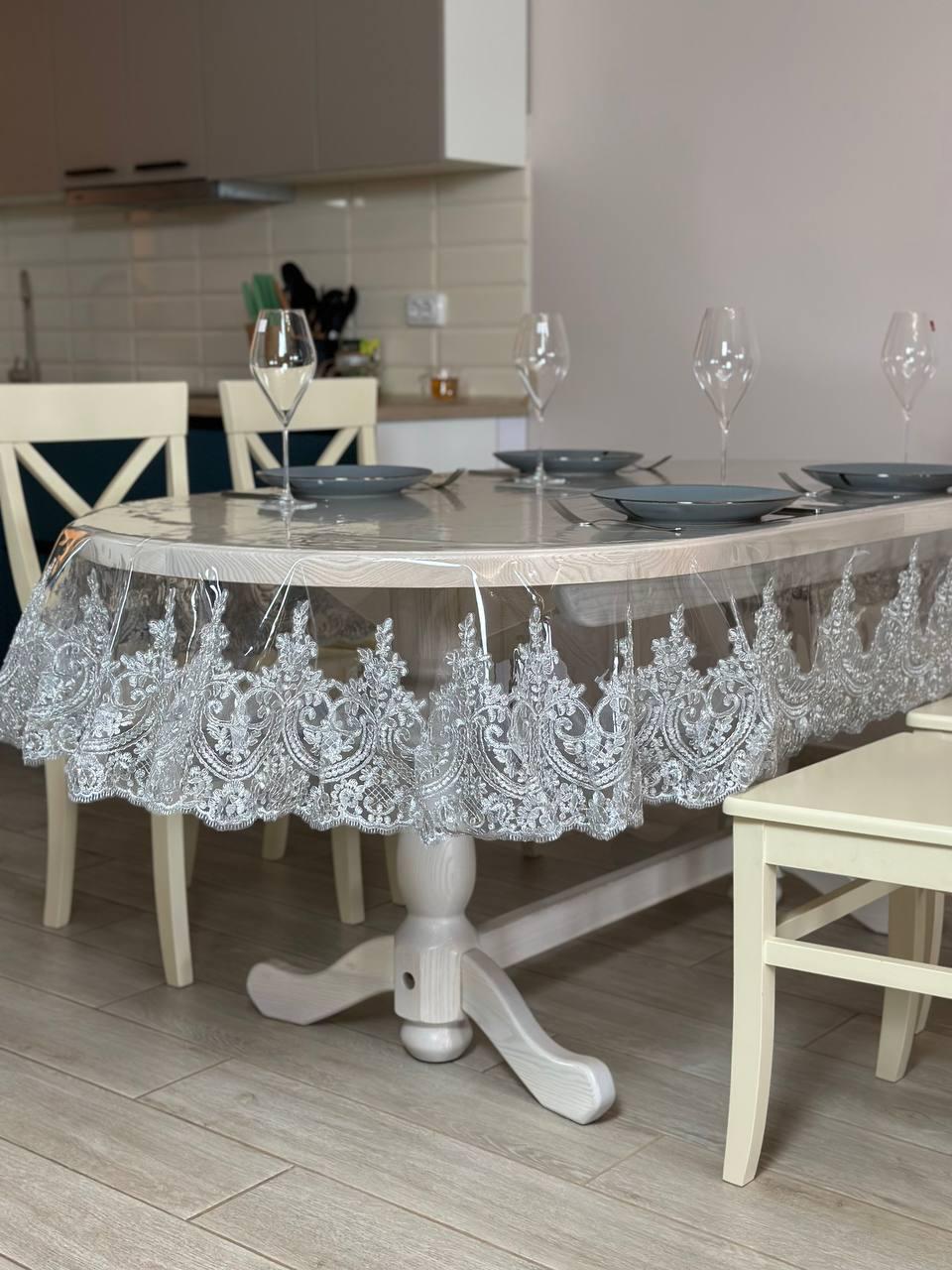 Скатертина з королівським мереживом овал силіконова 160x220 см Сріблястий (1002S-o3)