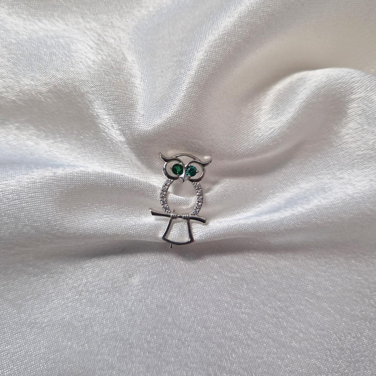 Срібна брошка Сова із Зеленими очима 925 проби родоване 1,80 г (7048r)