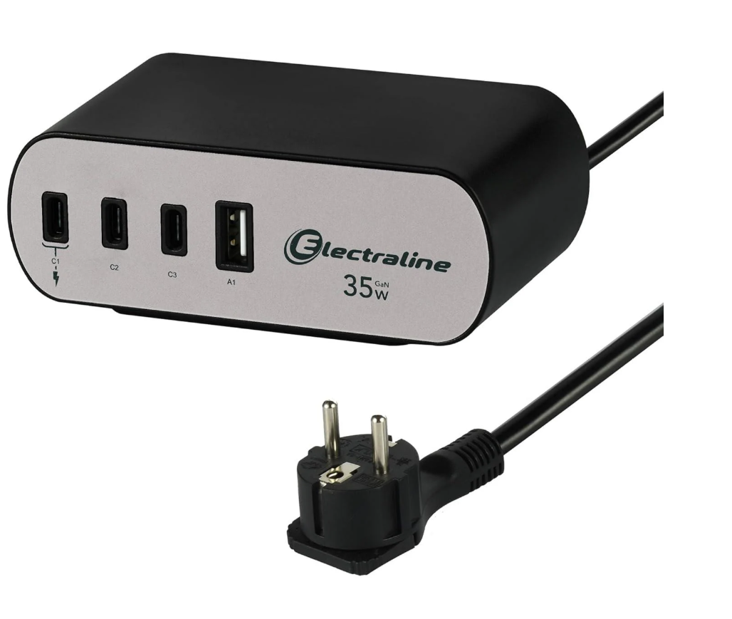 Зарядний блок із фіксатором Electraline Schuko 2 розетки 3хUSB-C PD 35 Вт /1хUSB-A 2 м Алюміній/Чорний Зарядний блок із фіксатором Electraline Schuko 2 розетки 3хUSB-C PD 35 Вт /1хUSB-A 2 м Алюміній/Чорний