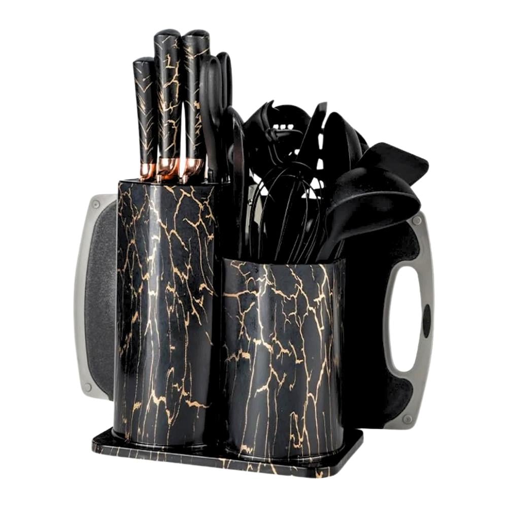 Набор кухонных принадлежностей с двойной подставкой/разделочной доской/набором ножей/прихватками 25 пр. Черный (120.1742)