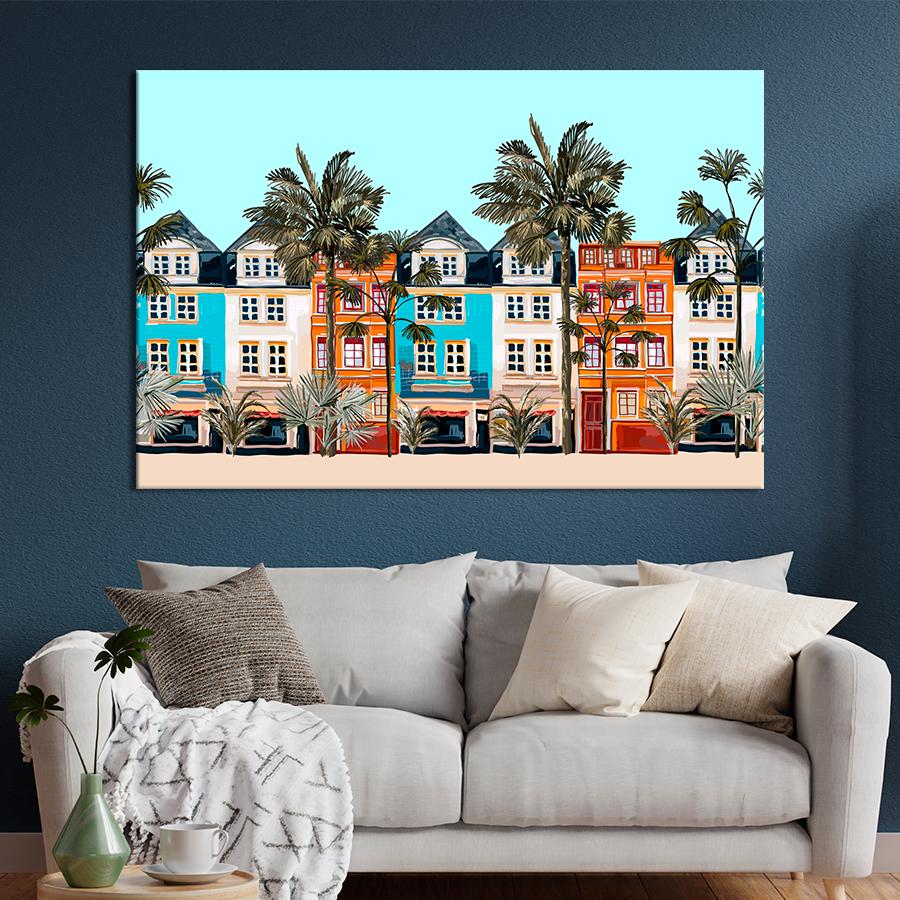 Картина на холсте Разноцветные дома и пальмы 80x54 см (V270-1_L)