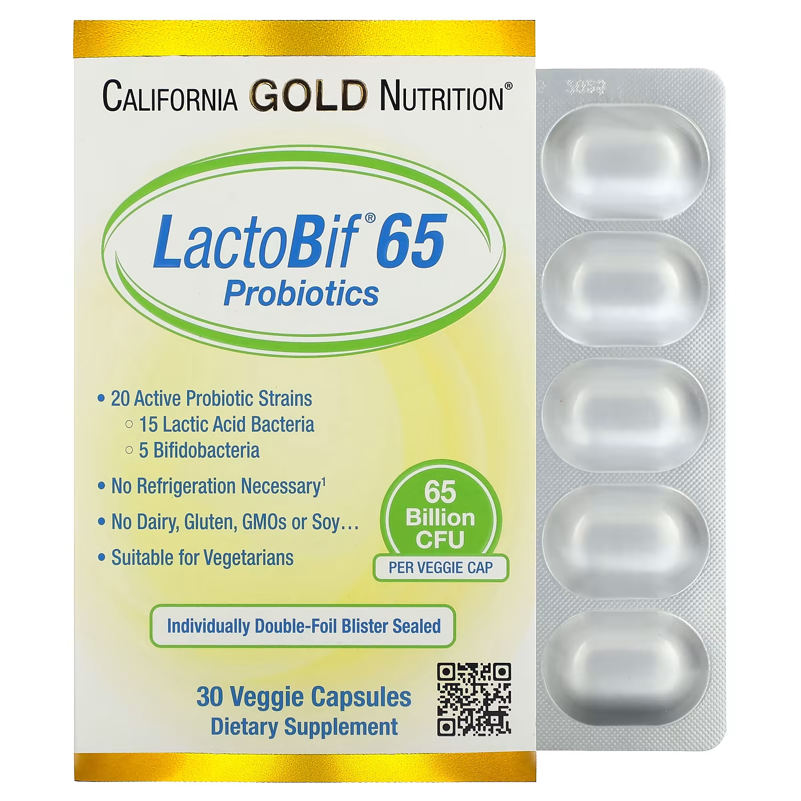 Пробиотики California Gold Nutrition LactoBif 65 30 вегетарианских капсул - фото 1