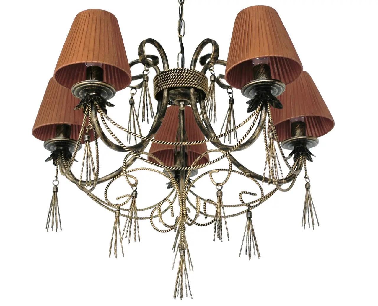 Люстра кованная Снежная королева ручной работы ретро-люкс на 5 рожков с абажурами Е14 Бронзовый (КИС5БРО)