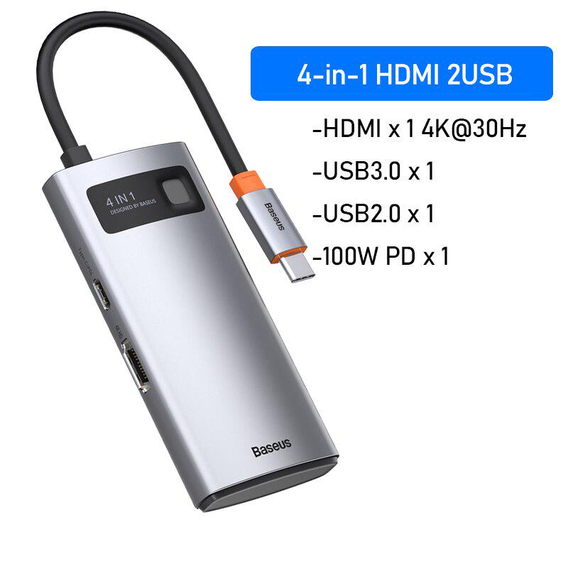 Хаб USB Type-C BASEUS Metal Gleam Series Hub 4in1 Multifunctional USB3.0+USB2.0/HDMI4K/Type-C Gray (CAHUB-CY0G) - фото 4