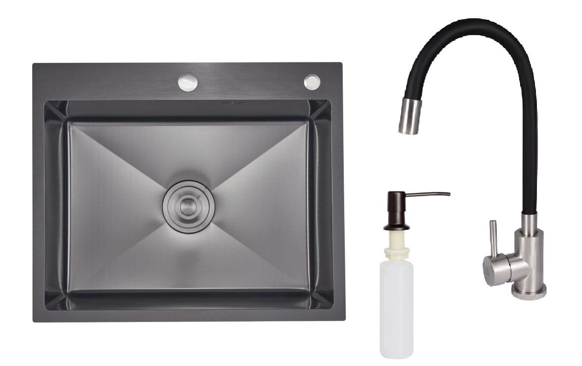 Мийка для кухні з нержавіючої сталі мікродекор Lidz 60/50 з гнучким краном та дозатором Чорний Мийка для кухні з нержавіючої сталі мікродекор Lidz 60/50 з гнучким краном та дозатором Чорний