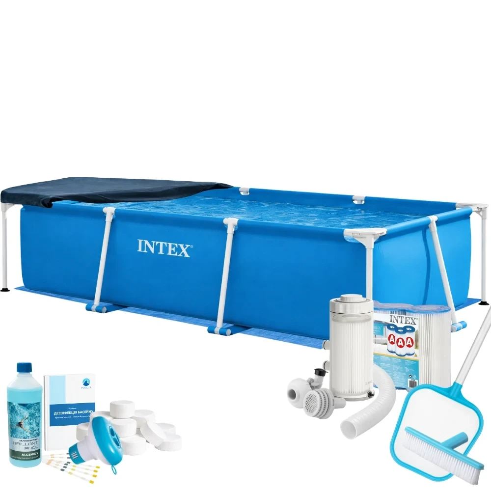 Бассейн каркасный Metal Frame Intex 28272-9в1 300х200х75 см с фильтром картриджами/химией/тентом/набором для чистки Синий (147-9-28272-9 Max)