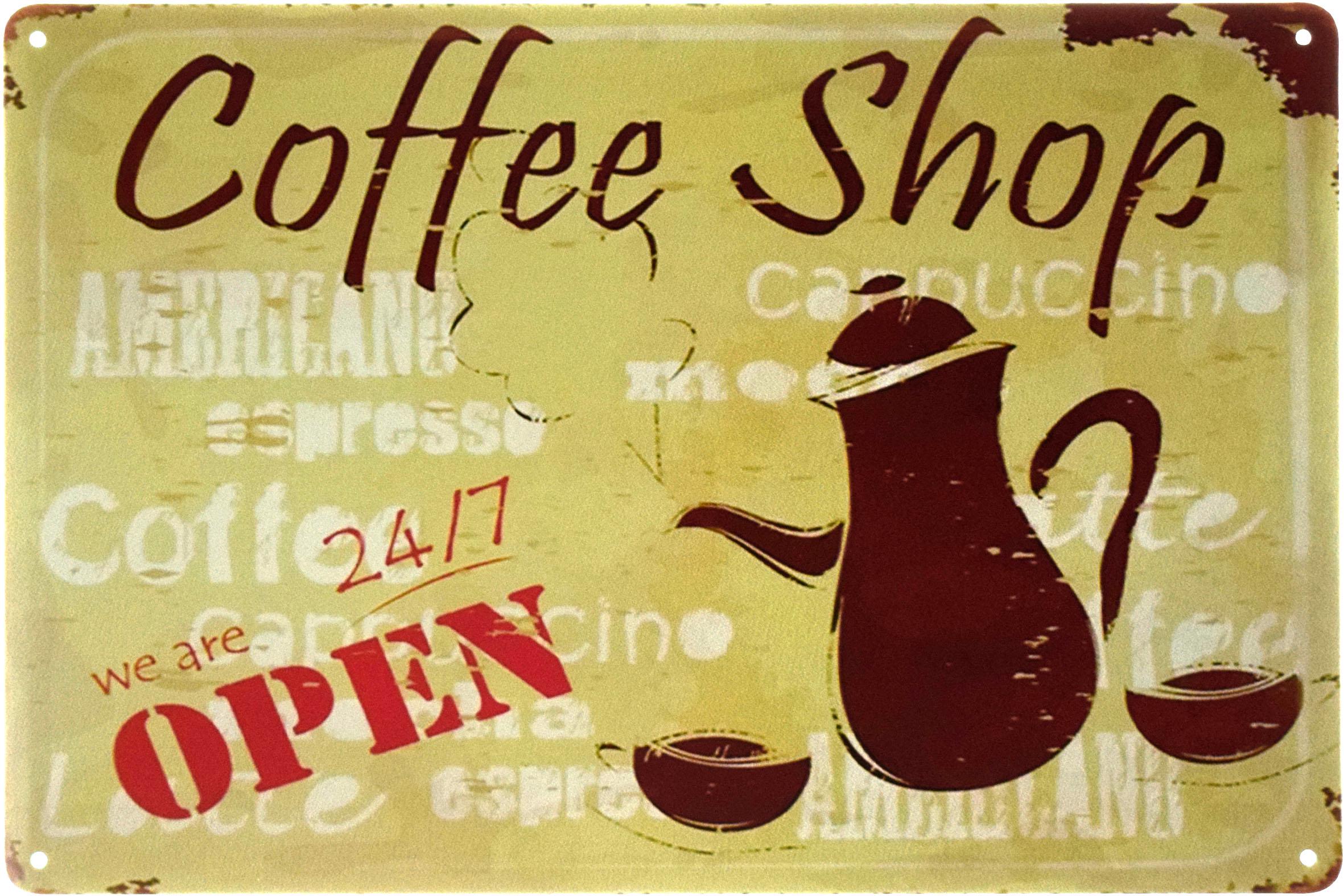 Табличка металева Кав'ярня Ми Відчинені 24/7/Coffee Shop We Are Open 24/7 20x30 см