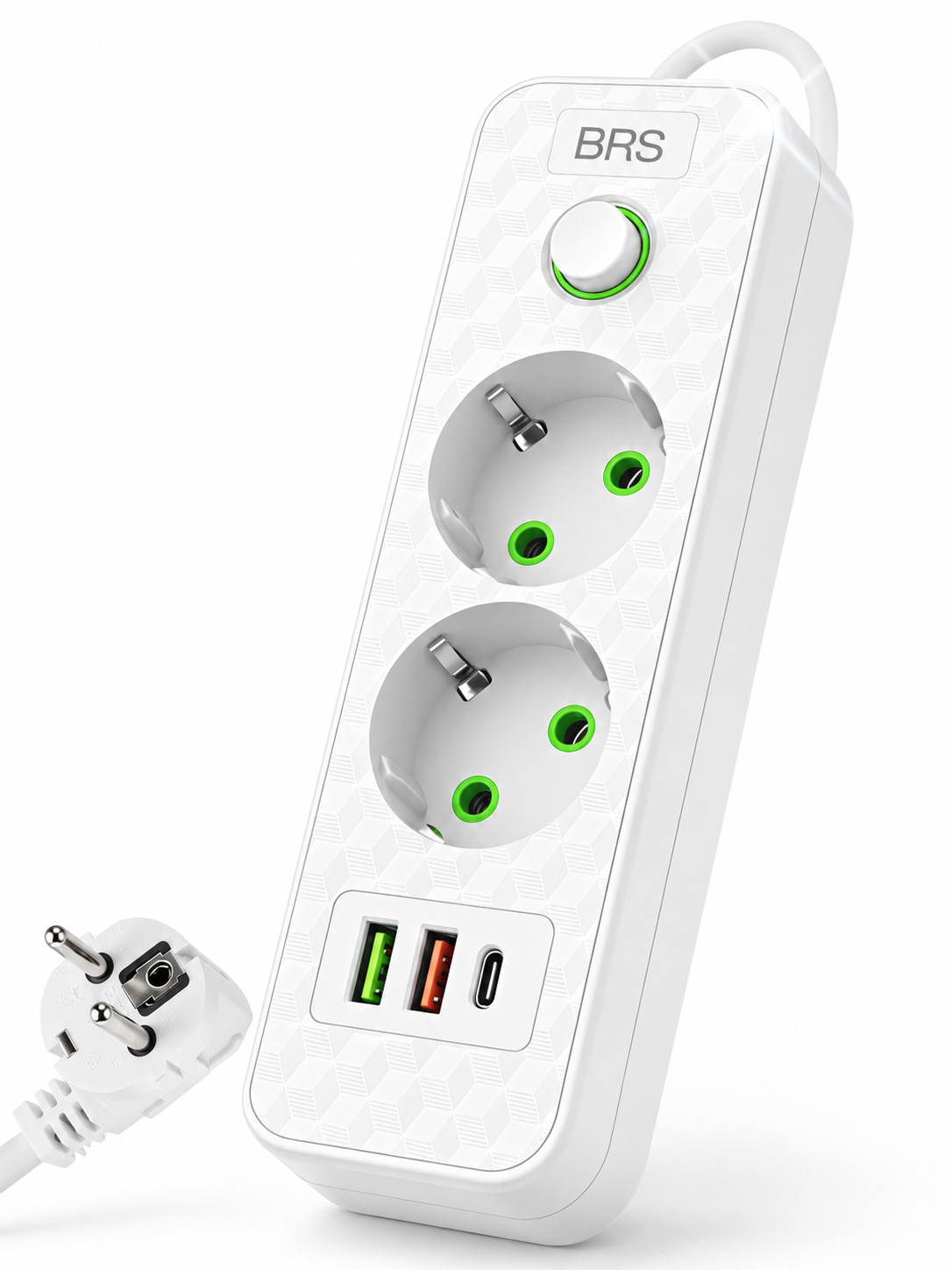 Подовжува-фільтр мережевий BRS 2 м на 2 розетки 2500W USB Type-C зарядний пристрій з захистом White (626884100)