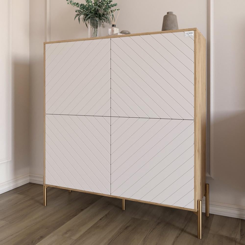 Комод-пенал с золотыми металлическими ножками Lion Амарант 114х40х126,5 см Дуб Аппалачи/Белый (Lion-042063)