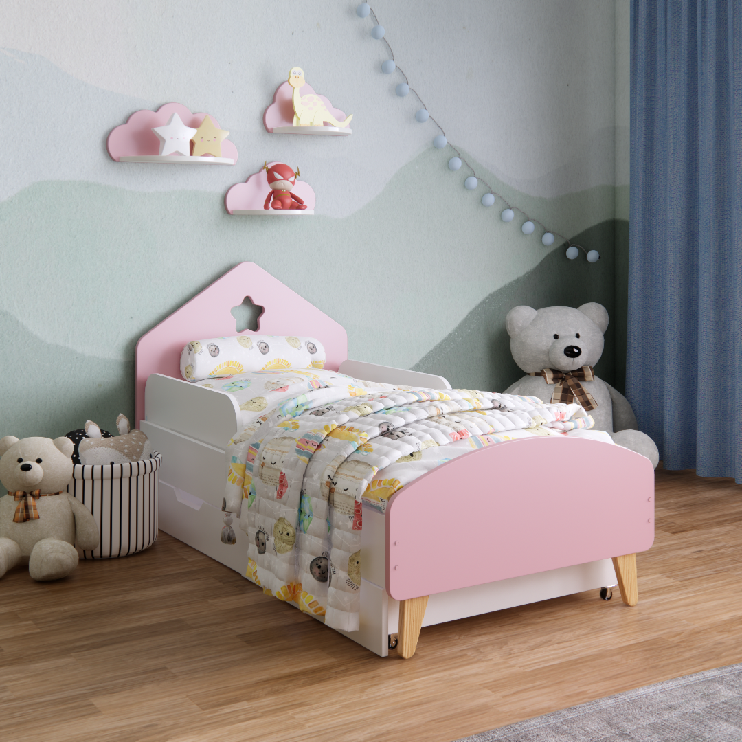 Кроватка детская Домик с ящиками и бортиками для детей 3-7 лет для девочек 140х70 см Розовый Кроватка детская Домик с ящиками и бортиками для детей 3-7 лет для девочек 140х70 см Розовый