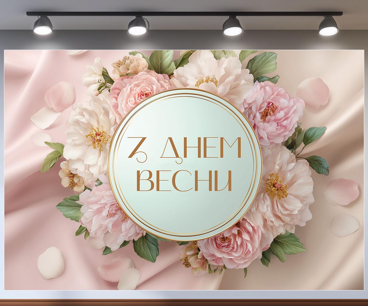 Фотозона весенняя "З Днем Весни" с пионами и золотым кругом на шелковом розовом фоне 1,8х1,2 м №47310